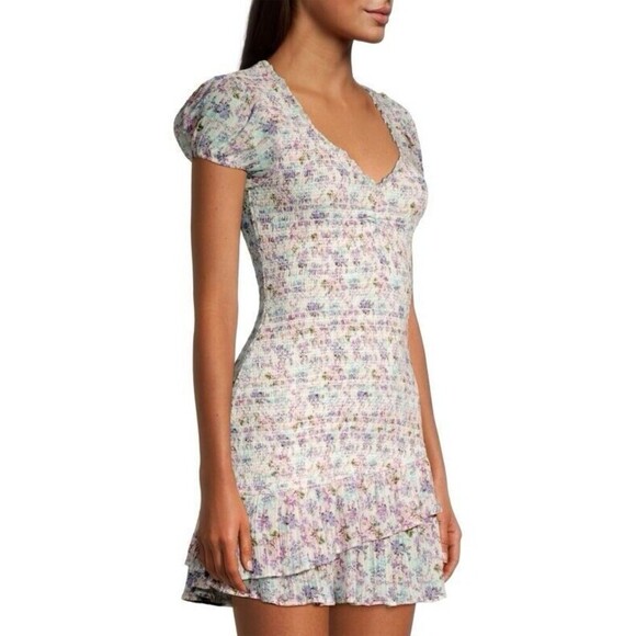 LOVESHACKFANCY Floral Smocked Mini Dress Puff Sleeve Asymmetric Ruffle Coquette - Picture 2 of 13